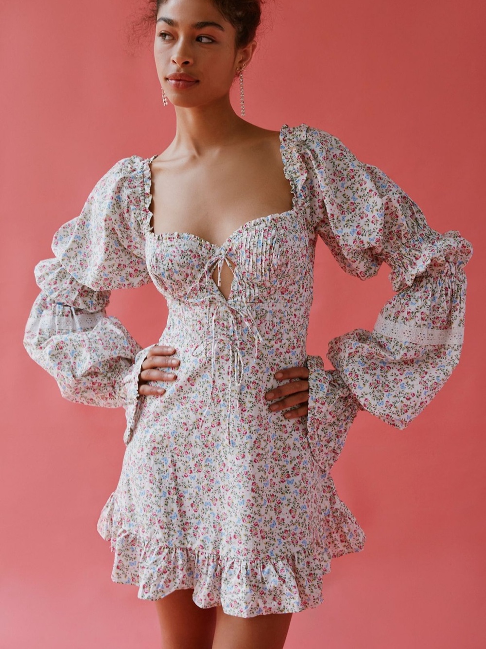 For Love & Lemons White Floral Puff-Sleeve Mini Dress